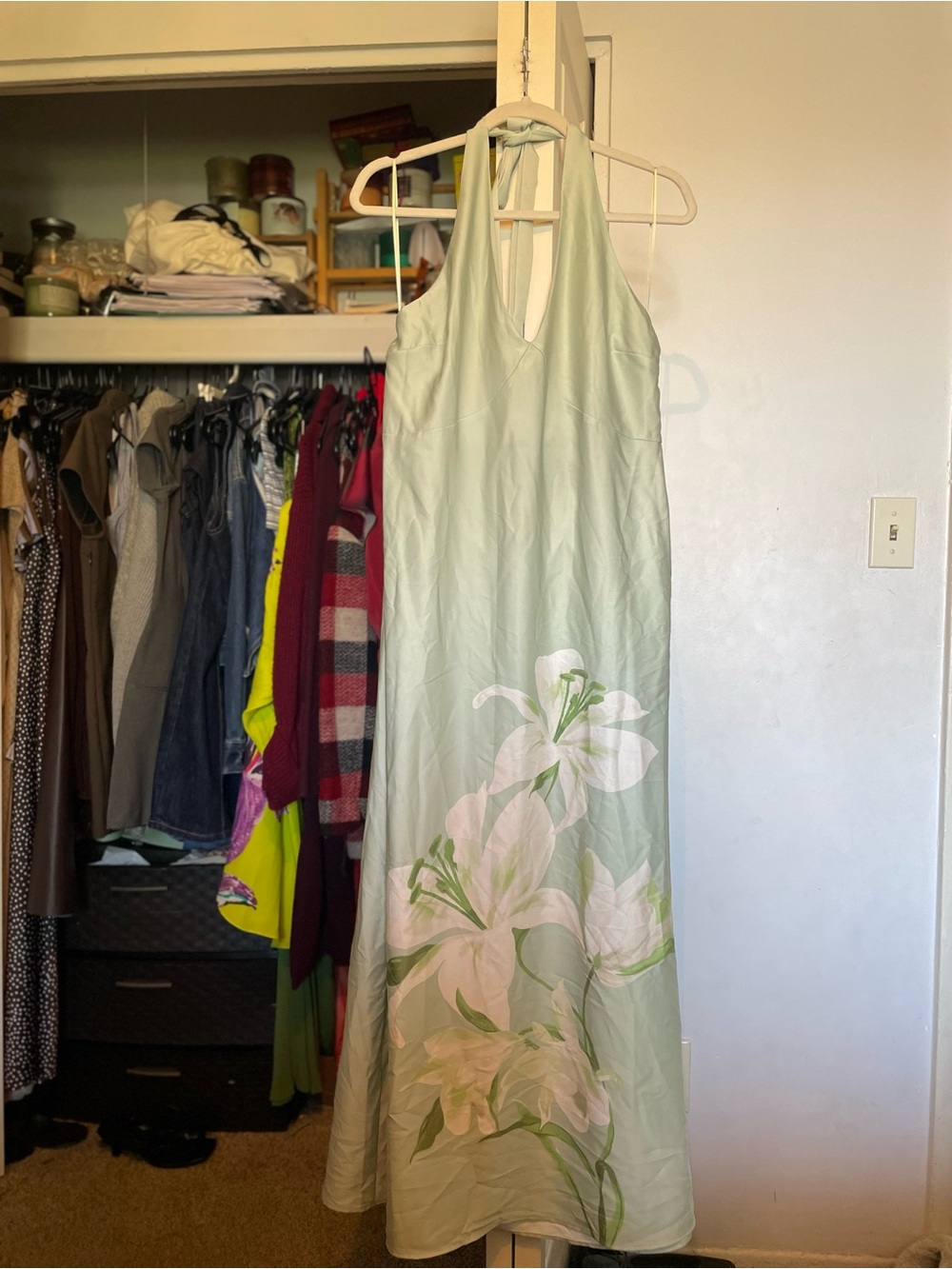Joie Pale Green Halter Maxi Dress with White Floral Print